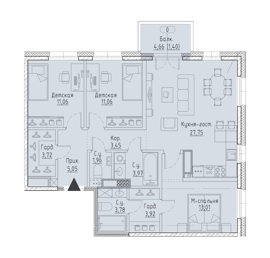 3-комнатная квартира 84.8 м², 8/9 эт., ЖК «LEGENDA Чёрная речка 41»